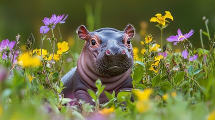 Adorable Baby Pygmy Hippo Playfully Peeking from Wildflowers