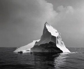 majestic iceberg in black and white: an imposing iceberg rises from the icy waters, its stark silhou