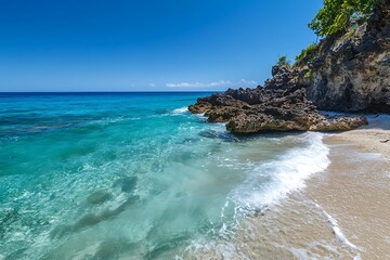 Canvas Print - Tropical Beach Scene with Crystal Clear Water and Rocky Coast