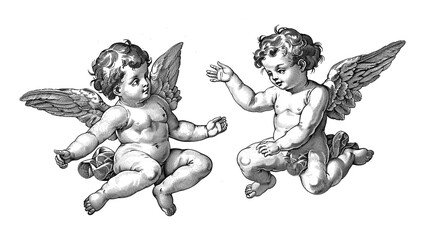 Detailed vintage illustration depicting two cherubs with wings, interacting on a white background.