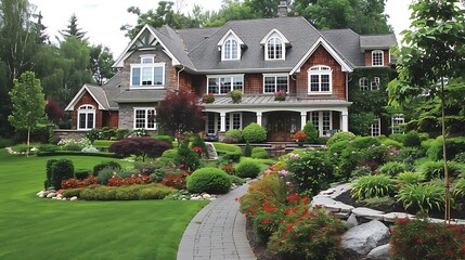 Summertime suburban houses elegant homes with lovely landscaping