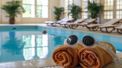 Wall Mural - Sunblock beach towels and goggles are placed next to an indoor pool at a luxury hotel