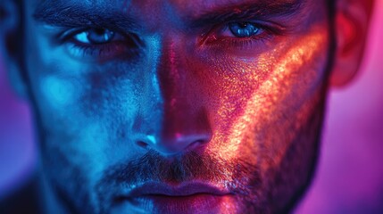 Wall Mural - Close-Up Portrait of Man in Dramatic Neon Lighting, Blue and Red Colors, Intense Facial Expression, Conceptual Photography