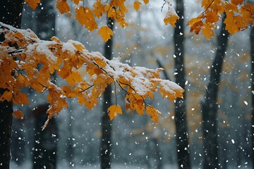 Wall Mural - Snow falling on autumn leaves, winter weather, nature photography, seasons change