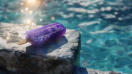 Wall Mural - Sunlight drenched a violet popsicle on a slab of stone by the pool