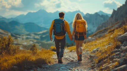 Wall Mural - Young couple hiking on mountain trail holding hands