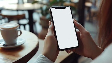 Woman using phone with blank screen in coffee shop.