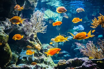 Wall Mural - School of Colorful Fish Swimming in Underwater Coral Reef