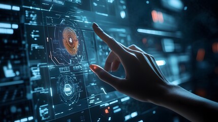 A hand interacting with a digital interface displaying data and graphics.