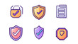 © Elnare - Set of flat cartoon icons including a checklist, heart, shield and checkmark in various colors.