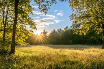 Canvas Print - Sun rays through trees in forest with meadow and blue sky