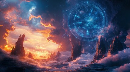 Wall Mural - A Digital Clock in the Sky Above a Fantasy Landscape