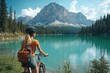 © Lubos Chlubny - Female cyclist taking a break and admiring the beauty of lake braies in the italian dolomites