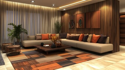 Poster - Modern Living Room with Sectional Sofa, Wooden Wall, and Area Rug