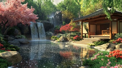 Sticker - Japanese Garden with Waterfall, Pond, and Traditional House