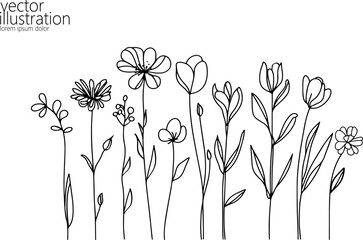 Wall Mural -  One line floral set element. Black and white monochrome continuous single line art. Floral nature Woman day gift romantic date illustration sketch outline drawing