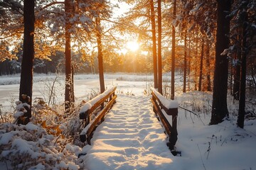 Canvas Print - Snowy wooden bridge leading into a winter forest sunset