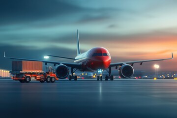 Airplane on Runway at Sunset with Cargo Truck