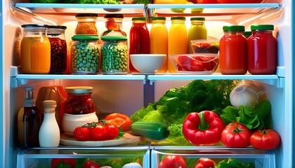 Wall Mural - Vibrant and Organized Fridge Interior Showcasing Brightly Colored Foods with a Silhouette Effect and Ample Copy Space