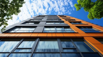 Sticker - Modern Building Facade with Orange Panels and Large Windows