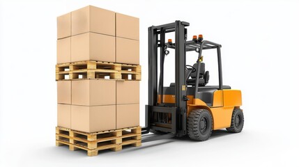 Forklift Lifting Pallet with Cardboard Boxes on White Background