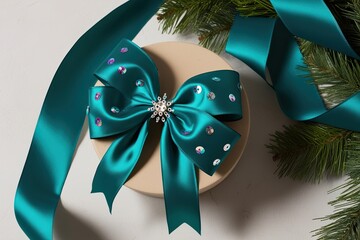 Teal Taffeta Ribbon Bow with Sparkling Sequins for Holiday Decorating