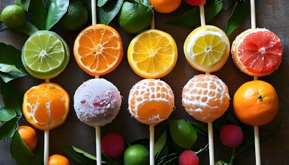 Wall Mural - Colorful display of fresh citrus fruits arranged on lollipop sticks