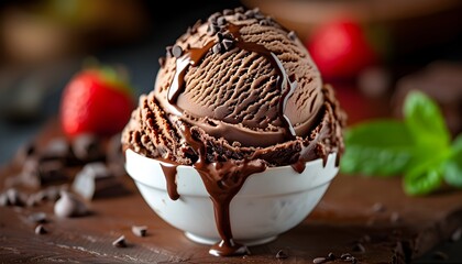 Decadent chocolate ice cream sundae adorned with luscious toppings and a creative double exposure silhouette against a backdrop of rich textures