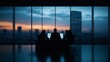 © Stone Story - Silhouettes of businesspeople in a meeting room at dusk, cityscape view through large windows, modern office atmosphere.