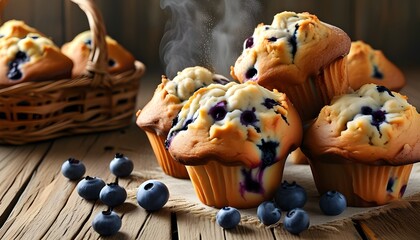 Rustic wooden table showcasing a basket of freshly baked blueberry muffins with golden brown crusts and soft texture, steam rising in a photorealistic scene