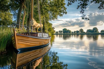 Poster - Wooden boat on calm lake at sunset with lush greenery and clouds. Scenic summer lake landscape