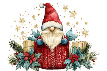 Cute Gnome Inside a Santa Claus in Watercolor Art.