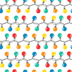 Wall Mural - colorful lights string seamless pattern. glowing light bulb in flat style background. winter christm