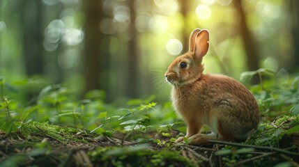 A cute brown rabbit sits in a lush green forest, bathed in warm sunlight.