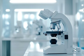 Modern microscope standing on table in bright laboratory