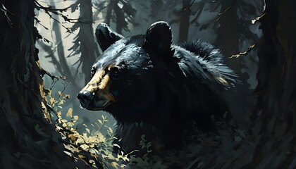 Mysterious black bear silhouette in dense forest shadows, capturing the wild essence with dramatic dark hues and intriguing double exposure effects