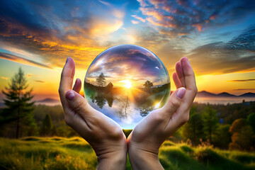 A hand holding a glass ball with a reflection of the sun in it. The scene is serene and peaceful, with the sun setting in the background