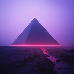 Wall Mural - dark pyramid in the distance with horizontal red light strips. Purple sky and haze all around