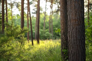 Poster - Sunlight through pine trees in a forest with a blurry background