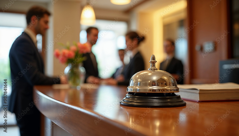 Elegant hotel reception bell on a wooden counter, embodying hospitality ...
