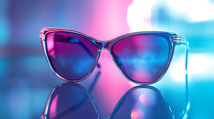 Cat-eye sunglasses with purple lenses on a reflective surface.