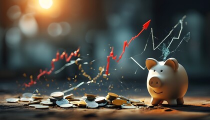 Broken piggy bank symbolizes financial crisis amid plummeting economic graph