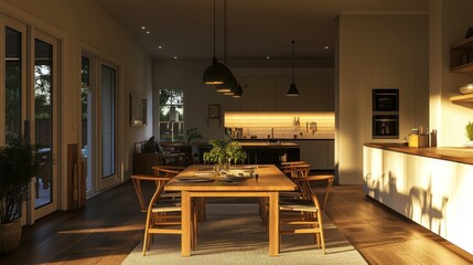 Poster - Modern Kitchen and Dining Room with Wooden Table and Chairs