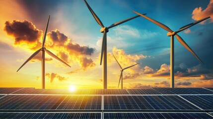 Windmill turbines and solar panels under a colorful sunset sky, representing renewable energy and eco-friendly power generation.