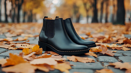 A pair of black ankle boots on a cobblestone path surrounded by autumn leaves.