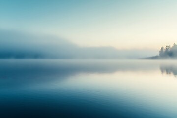 Poster - Misty morning landscape with a lake and island, serene and tranquil nature scene