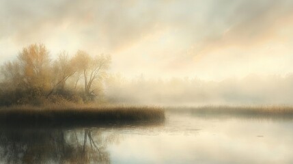 Wall Mural - Foggy Sunrise Over a Still Lake with Trees in the Foreground