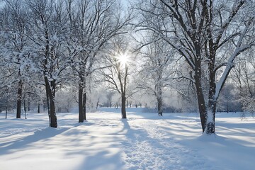 Canvas Print - Snowy Winter Forest with Sun Shining Through Bare Branches