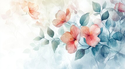 Wall Mural - Watercolor Painting of Delicate Pink Flowers and Green Leaves