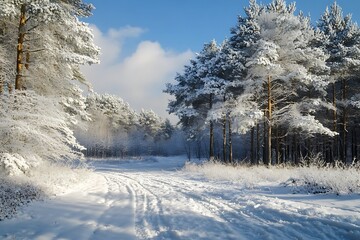 Wall Mural - Snowy Forest Path with Bright Blue Sky and White Clouds